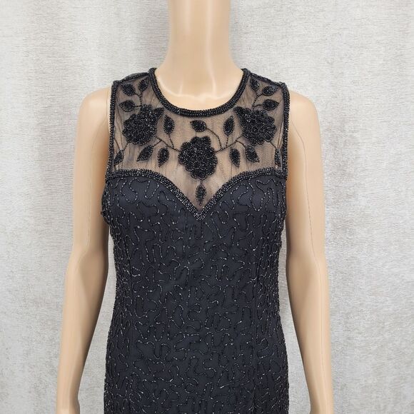 Brilliante Vintage Silk Column Black Dress Beaded Formal Illusion Neck and Back - Picture 6 of 16